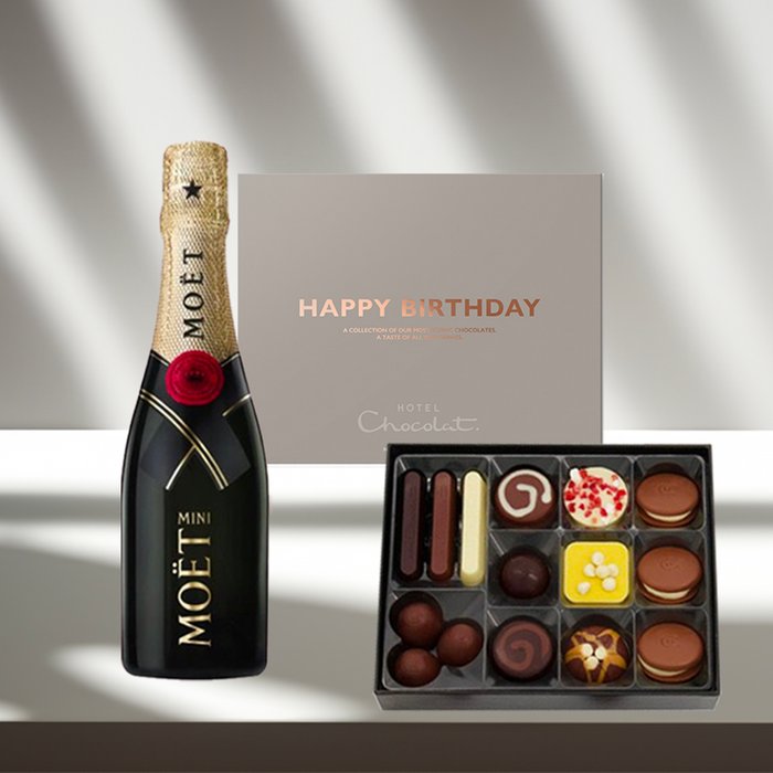 Hotel Chocolat Happy Birthday Gift Box & Moet Brut 20cl Gift Set Moonpig